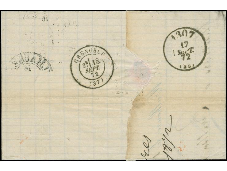 “MÜHLHAUSEN i. ELS. 16.SEPTBR.72” (Spalink 26.2) zweimal klar auf großer Schild 1 und 2 Gr. als tarifgerechte Frankatur auf k
