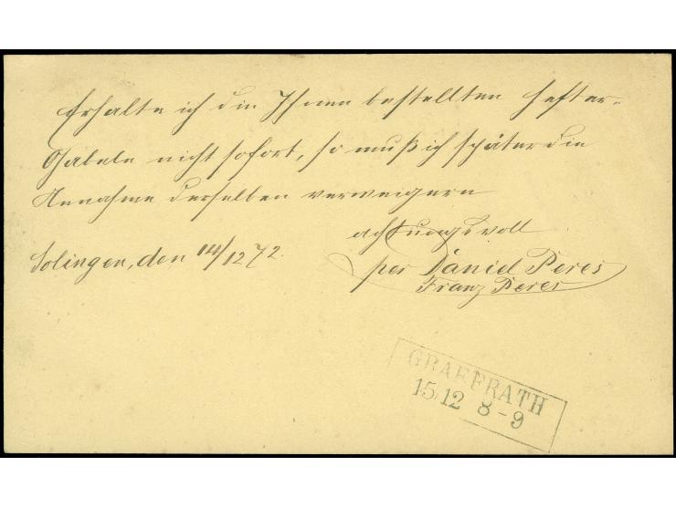 “SOLINGEN 14.DECBR.72" (Spalink 34-3) auf großer Schild ½ Gr. orange auf amtlichem Postkartenformular nach Graefrath mit Anku