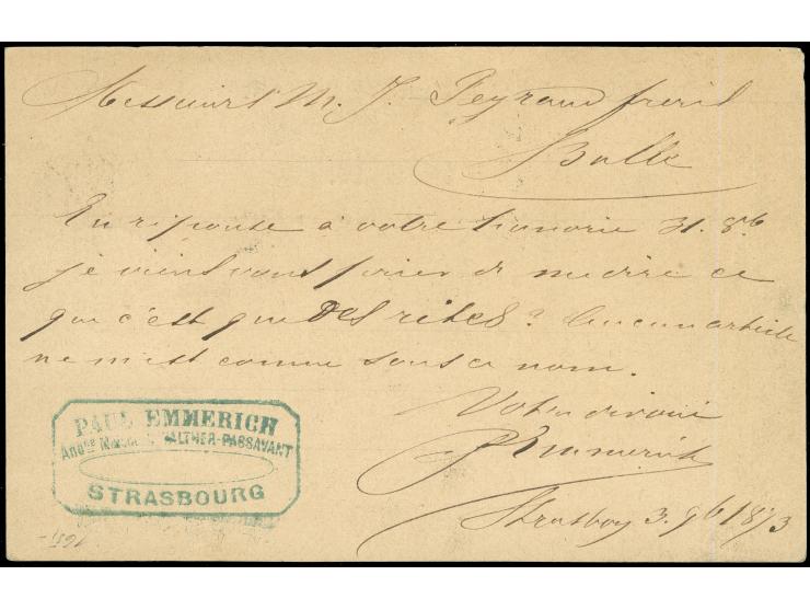 “STRASSBURG i. ELS 3.NOVBR.73” (Spalink 36-4) zweimal klar auf Ganzsachenkarte ½ Gr. mit tarifgerechter Zufrankatur großer Sc