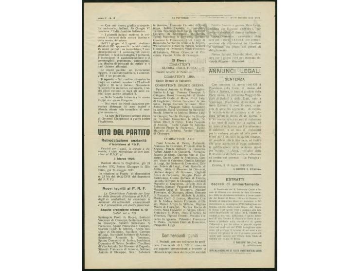 1938, A.O.I. 1 L. olive-green together with Ethiopia 10 c. brown tied to newspaper by “GIMMA ARRIVE E PARTENZE 14/8/1940” cds