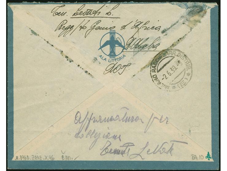 1939, A.O.I. air mail 10 L. violet-brown tied to registered cover by “ADDIS ABEBA RACCOMANDATE 29.5.39" cds. to Milano, tiny 