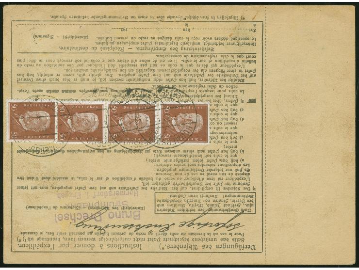 1930, Hindenburg 50 Pf. orangebraun zwei Viererstreifen je vorderseitig und rückseitig auf Paketkarte von Hormersdorf (Erzgeb