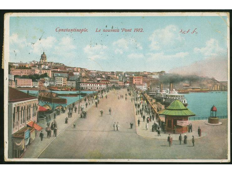 1914, Turkey pair 2 pa. violet, 5 pa. brown and 10 pa. green tied to postcard from Constantinople by "BUR. AMB. MARITIM ROMAN