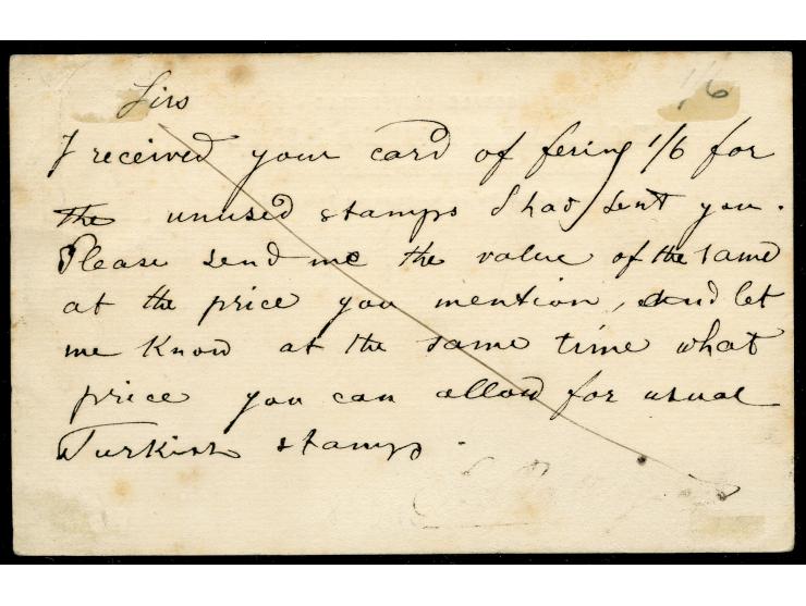 1886, Smyrna: Great Britain 1 d. brown postal stationery card cancelled with bold barred numeral ´F87´ with ´Smyrna A MR 29 8