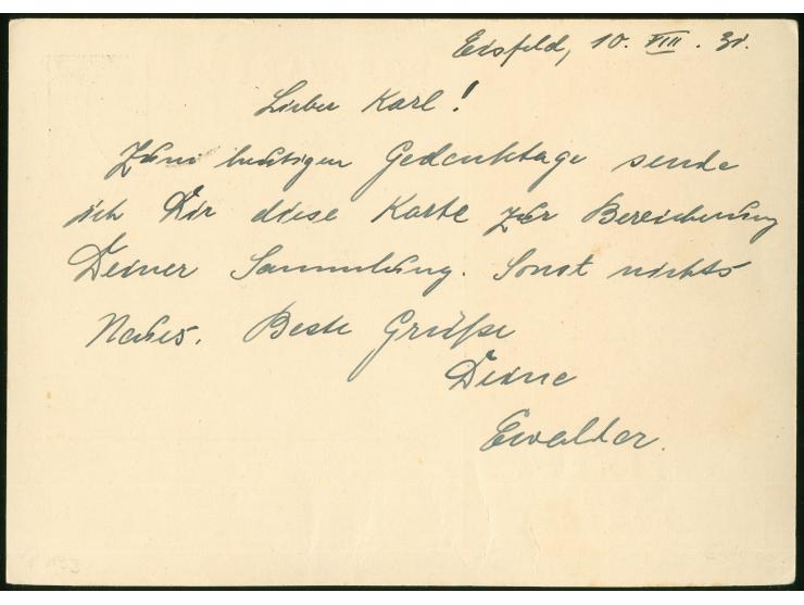 1931, Freiherr vom Stein, Karte 6 Pfe. mit Ersttagsstempel "EISFELD 10.8.31" nach Eisenach