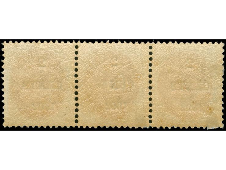 1902, 2 CENTS on 3 c. ,perf. 12¾, normal frame in strip with 2 copies inverted frame, unused