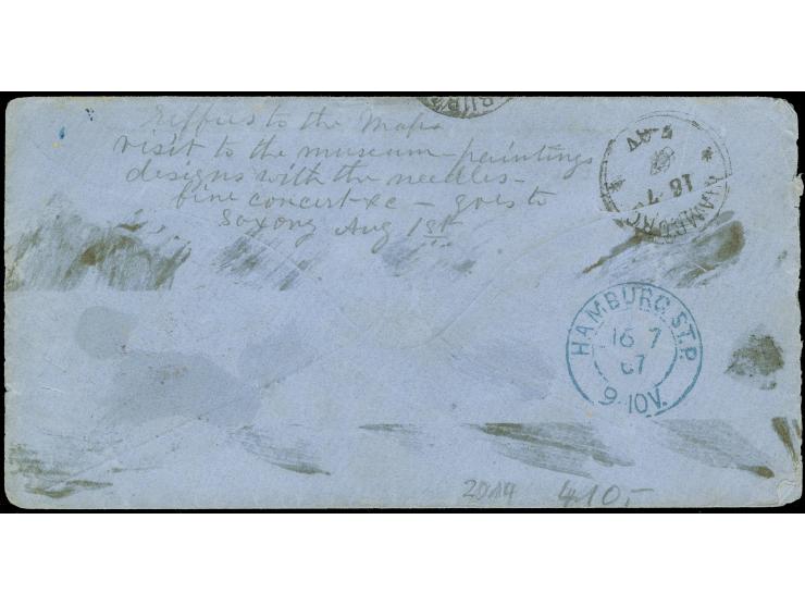 "BERLIN P.E.8 15/7 67" in rotviolett, zweimal sauber &nbsp;auf Briefkuvert mit Leitvermerk "via Hamburg oder Bremen" über das