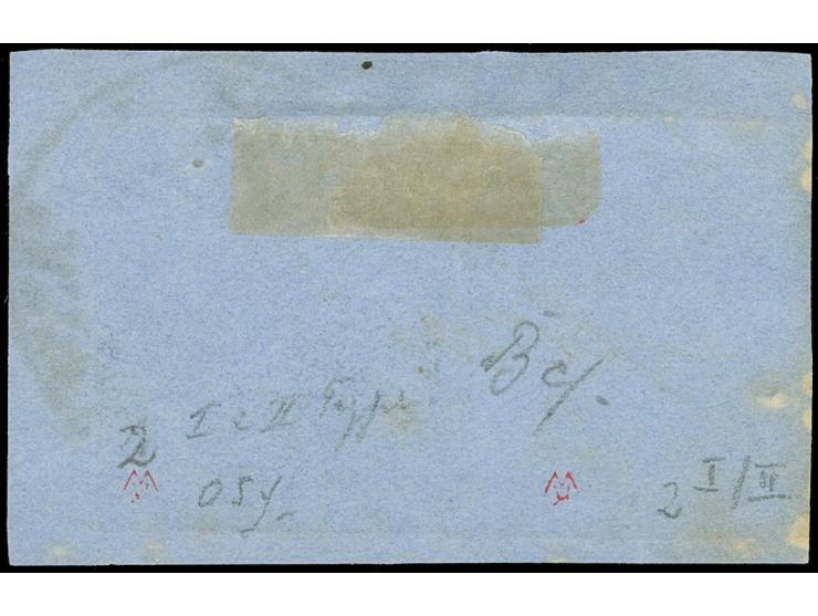 1852, 1/30 Th. auf blau, Type I und II im waagerechten Typenpaar, allseits voll- bis breitrandig, je mit schwarzem DKr. “ST.P