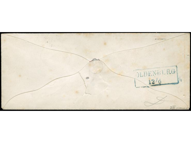 1852, 1/30 Th. auf blau, Type III, allseits noch voll- bis breitrandig mit schwarzm DKr. “ST.P.A. BREMEN 12.6.” auf Briefkuve