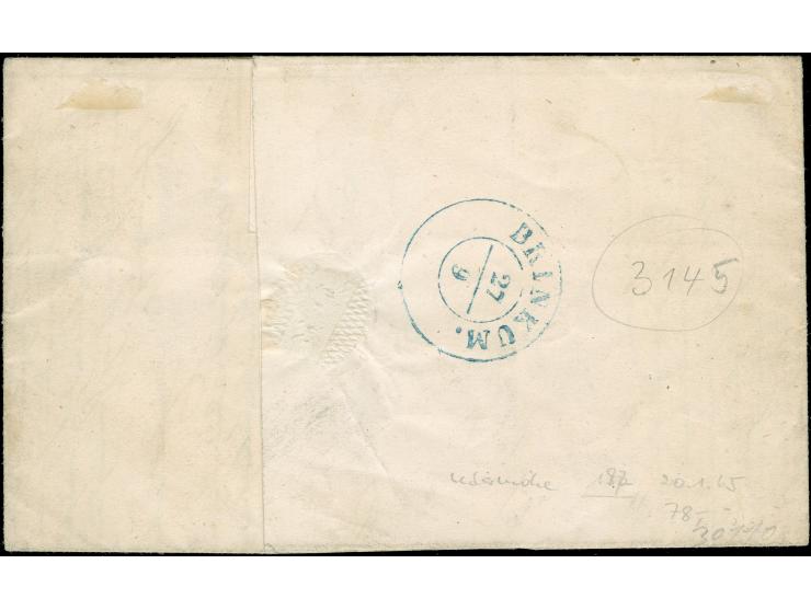 1852, 1/15 Th. auf rosa, Type I, allseits voll- bis breitrandig mit blauem Ra2 “JEVER 26.SEP.54” auf kpl. Faltbrief nach Brin