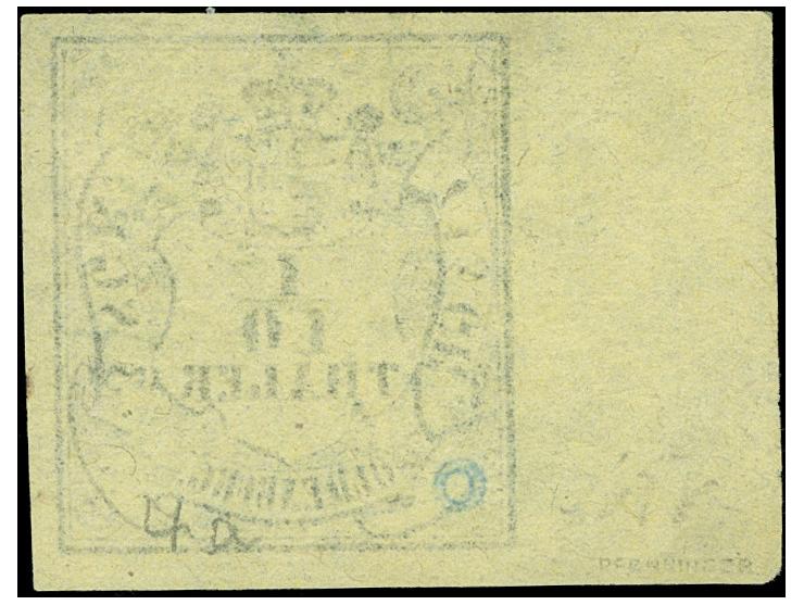 1852, 1/10 Th. auf hellgraugelb mit 10 mm Bogenrand links, allseits breitrandig mit zartem, blauen Ra2 “LOHNE 15.11.”. Die fa