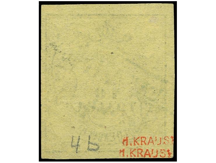 1852, 1/10 Th. auf hellolivgelb, allseits voll- bis breitrandig mit blauem Ra1 “VAREL 24.10.”. Die farbfrische Marke ist in e