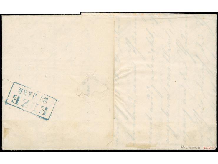 1852, 1/10 Th. auf hellgraugelb, allseits voll- bis breitrandig mit blauem Ra2 “VAREL 23.1.(59)” auf kpl. Faltbrief nach Elze