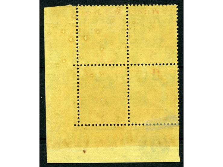 1922/27, George V 5 sh. green and red on pale yellow, corner margin block of four with plate number “21” on bottom margin, un