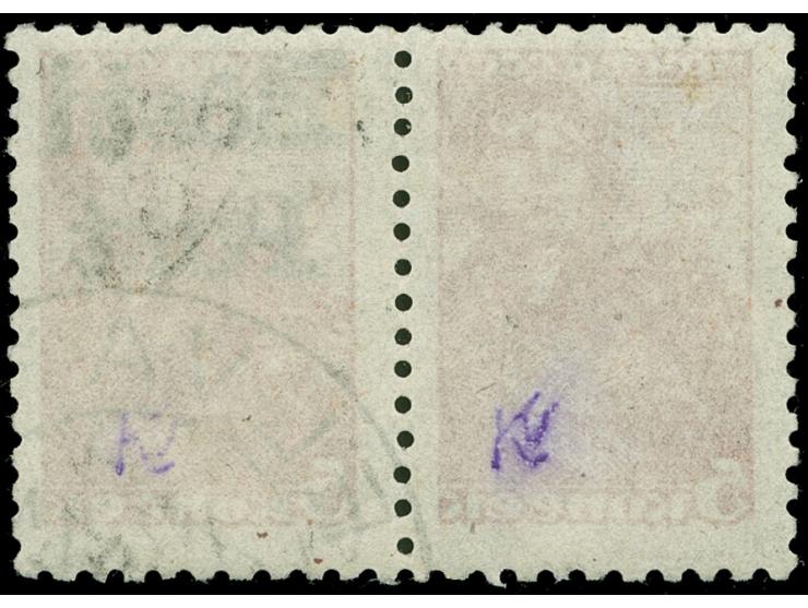 1941, 5 Kop. dunkelbräunlichrot, waagerechtes Paar, dabei die linke Marke ohne Aufdruck, gestempelt, tadellos, signiert, Foto