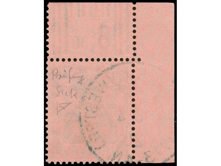 1920, Germania 80 Pfg. karminrot/rotschwarz auf hellrosa, linke obere Bogenecke im Walzendruck mit Konfiguration 1'4'1 / 2'3'