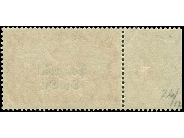 1916, Germania 1 M. dunkelrotkarmin, 26:17 Zähnungslöcher, linkes Seitenrandstück mit Passerkreuz und Plattennummer “203” dop