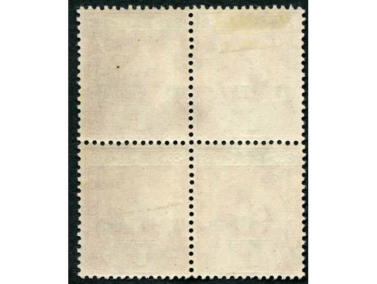 1915, George V, 1 d. carmine, block of four, top left stamp showing variety bold “TA” in overprint, unused, bottom pair mint 