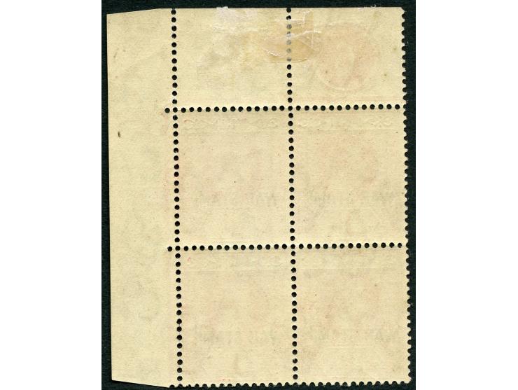 1915, George V, 1 d. carmine, stamps mint never hinged, corner margin block of four with plate number “6” on top, good perfor