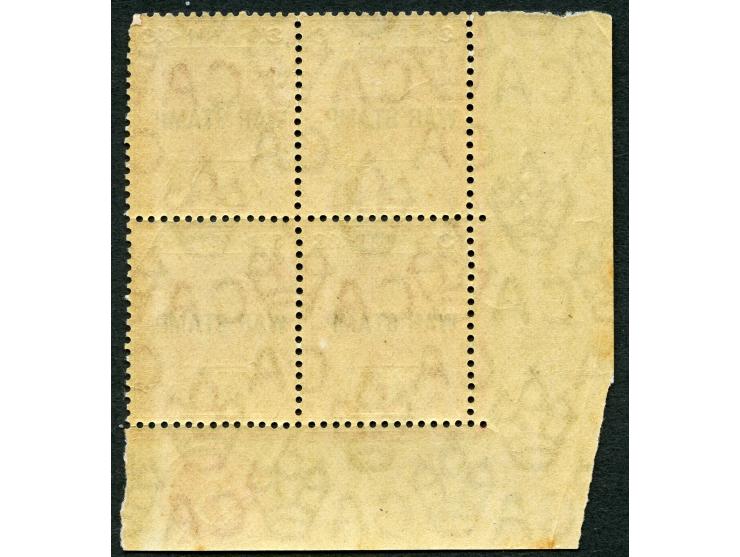 1915, George V, 1 d. carmine, unused, mint never hinged corner margin block of four with plate number “5” at bottom margin, s