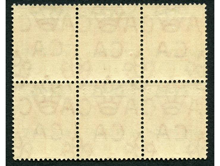 1915, George V, 1 d. carmine, unused, bottom stamps mint never hinged, variety top center stamp showing broken “W”, fine. (SG