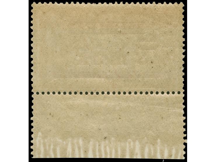 1920, 3 M. auf 2 Fr. dunkelrötlichorange/hellgrünlichblau, weißes Papier, Unterrandstück mit weitem Abstand zwischen 3 und ma