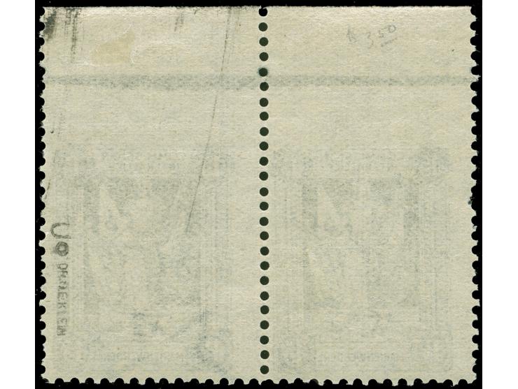 1920, I. Sarg-Ausgabe 15 Pfg. schwärzlichgraugrün, waagerechtes Oberrandpaar mit Abart “oben ungezähnt”, sauber ungebraucht, 