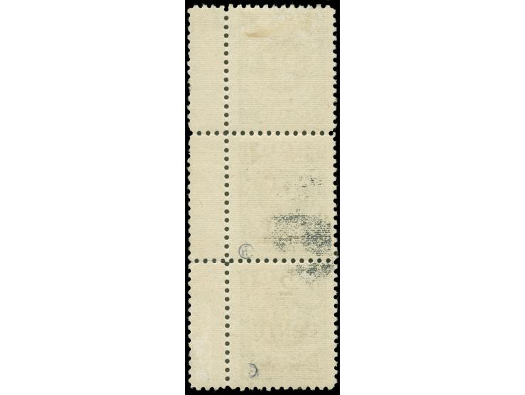 1923, Freimarke 2 C. auf 300 M. oliv, senkrechter Dreierstreifen mit vertikal verschobenem Aufdruck, somit obere Marke ohne A