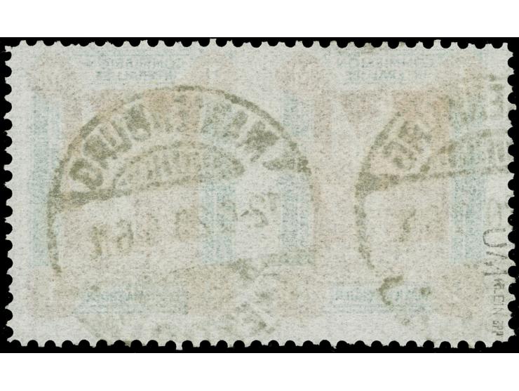 1920, I. Sarg-Ausgabe 1 M. dunkelgrün/orangebraun, waagerechtes Paar, mittig ungezähnt, sauber gestempelt “MARIENBURG 12.6.20