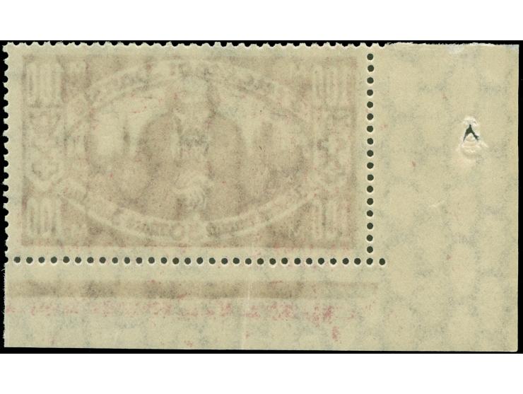 1923, Kleinrentnerhilfe 100 + 30 M. lebhaftlilabraun, linke untere Bogenecke mit Plattenfehler “linke Krone rechts unten gebr
