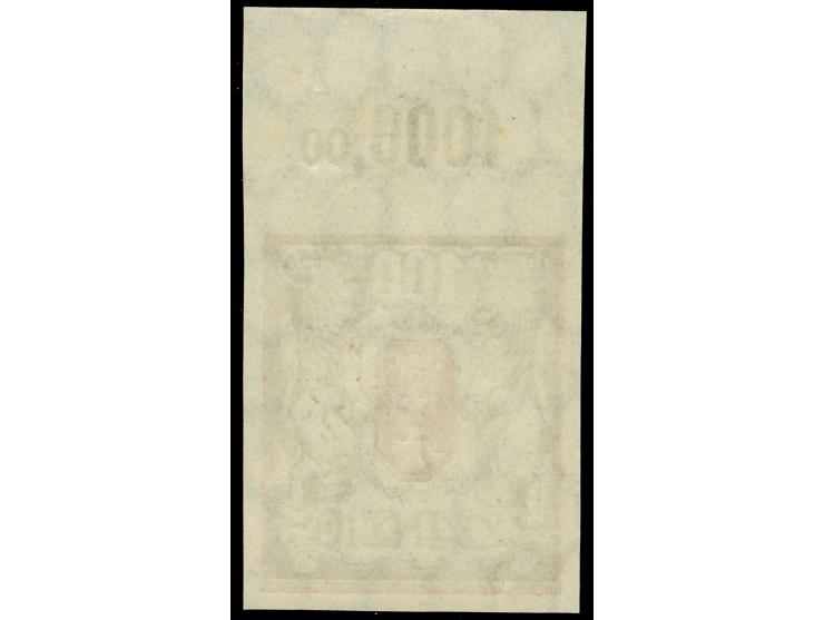 1922, Großes Staatswappen 100 M. dunkelzinnoberrot/dunkelgrünoliv, Oberrandstück, ungezähnter Probedruck ohne Unterdruck, pos