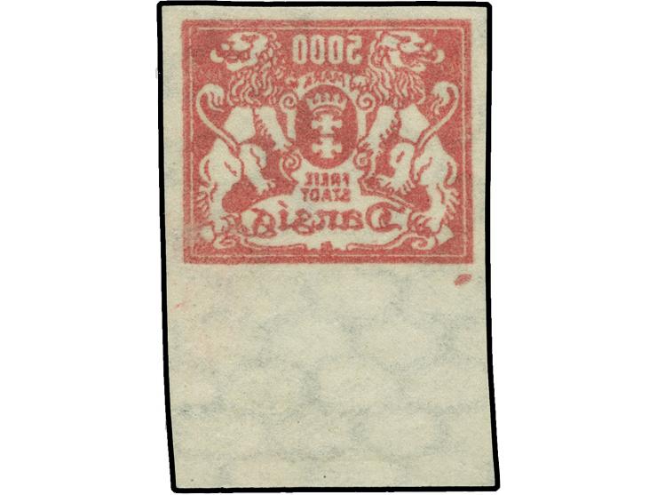 1923, Großes Staatswappen 5000 M. rotkarmin, ungezähntes Unterrandstück mit Klischeenagel links unter dem Markenbild, rücksti