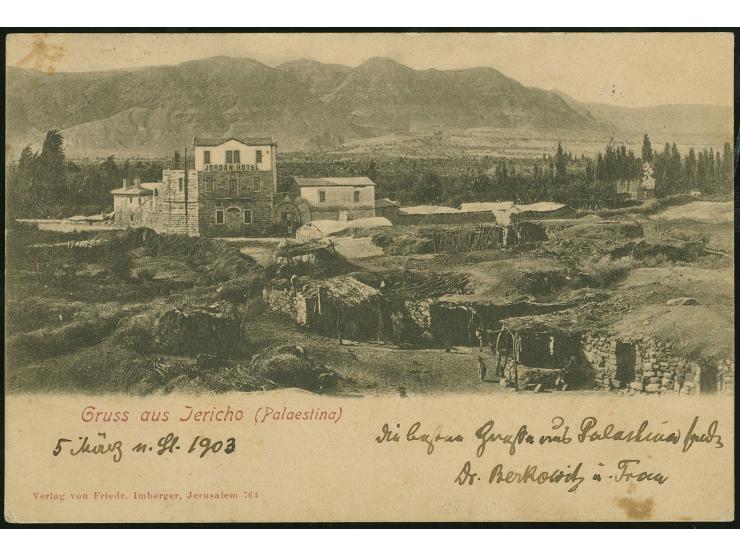 1903, picture postcard of Jericho ‘Hotel Jordan’ franked 20 pa rose tied by violet bilingual JERICHO 5.3.903 cds., alongside 