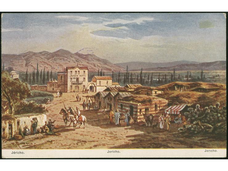 1908, Jericho picture postcard franked with Ottoman, French Levant, Port Said and Egypt adhesives cancelled Jaffa, Jerusalem,