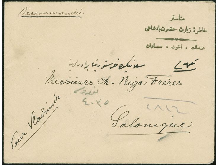 1911, SULTANS VOYAGE 2 ½ pia. deep lilac surcharged "MONASTIR 1329" in blue tied to cover by "MONASTIR 3/7/911" cds. to Salon
