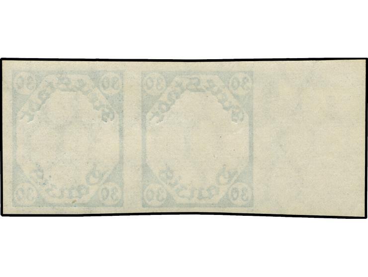 1921, Kleines Staatswappen 30 Pfg., ungezähnter Phasendruck nur des Rahmens in dunkelviolettultramarin, waagerechtes Paar mit