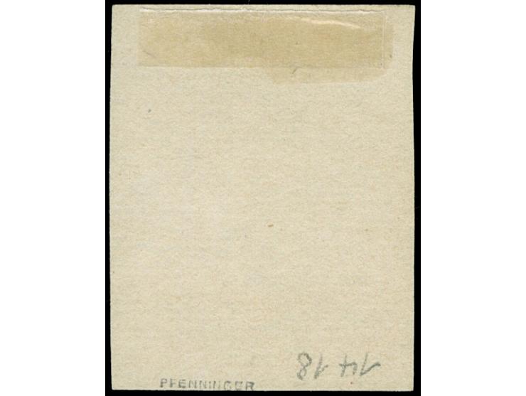 1861, ¼ Gr. dunkelgelborange, farbfrisch und allseits breitrandig, ungebraucht ohne Gummi, in tadelloser Erhaltung, sign. Pfe