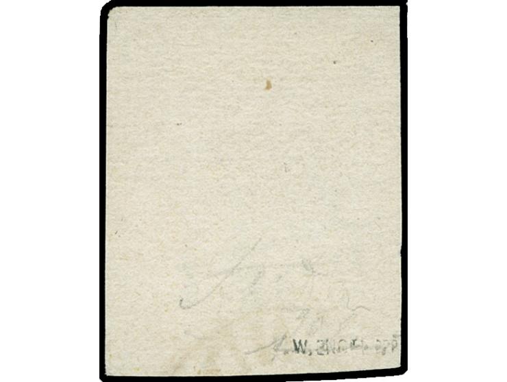 1861, 3 Gr. gelb, farbfrisch, allseits voll- bis breitrandig mit blauem Teilstempel “VAREL” und rotem EKr. “LONDON”, in einwa