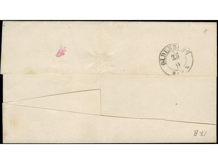 1862, 1 Gr. karmin mit Durchstich 10 und blauem Rahmenstempel “RASTEDE 21.9.” auf Faltbriefhülle nach Oldenburg mit schwarzem