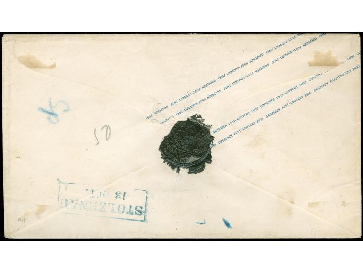 1861, Umschlag 2 Gr. rosa im Format 148x84 mm, gebraucht mit blauem DKr. “OLDENBURG 12.10.” nach Stolzenau mit Ankunftsstempe