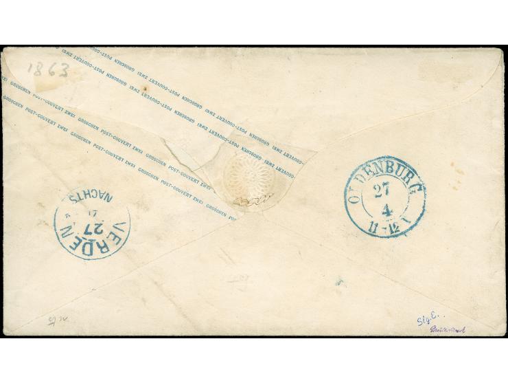 1862, Umschlag 2 Gr. ultramarin im Format 184x84 mm, kurze Gummierung, gebraucht mit blauem Rahmenstempel “ESENSHAMM 27.1." v