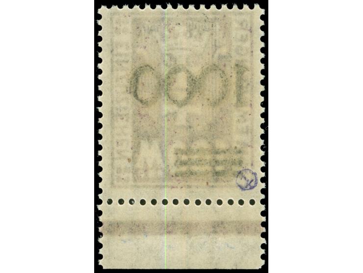 1923, Nicht ausgegebene: Kleines Wappen 1000 auf 100 M., rußiger Aufdruck, Unterrandstück, postfrisch, tadellos, Eigentumszei
