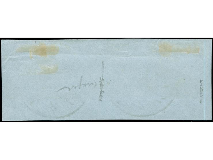 1890/98, Krone/Adler 10 Pfg., senkrechter 3er-Streifen sowie ein Einzelwert, sauber doppelt entwertet mit “DSP NEU-GUINEA-ZWE