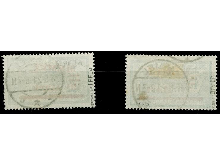 1921, Freimarke 20 m. auf 45 C. dunkelgrün/grauultramarin, Aufdruck Type I und II, je Aufdruckfehler “weiter Abstand zwischen