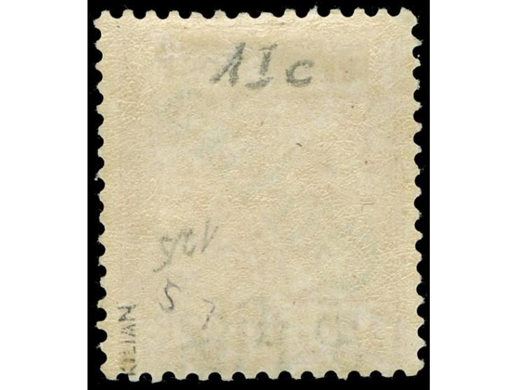 1900, 5 Pfg. auf Diagonalaufdruck 10 Pfg. mit versetzem Doppeldruck ohne Blaustrich, Aufdrucktype 2, ungebraucht, kleiner Eck