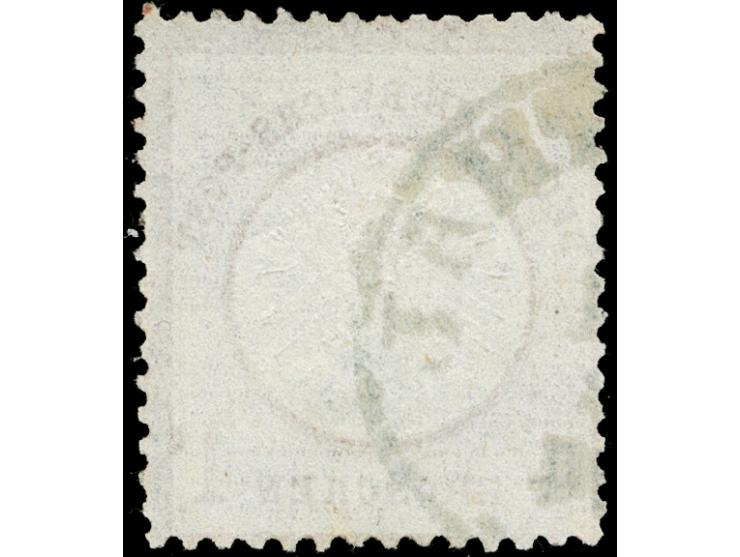1872, 1 Gr. karmin mit Plattenfehler “Schräger Farbstreifen über der rechten Wertziffer”, mit Teilstempel “…THAL…74”. Die far