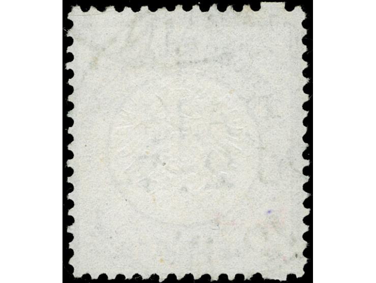 1872, ¼ Gr. grauviolett mit Zähnungsbesonderheit “ausgefallenes Zähnungsloch oben und unten in der 2. Position” (FZL ou2), mi