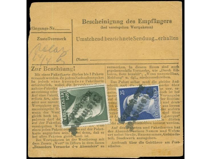 “Bismarck / Kreis Heydekrug”, Notzweizeiler auf beidseitig mit 25 Pfg. und 3 x 1 RM. Hitler frankierter Paketkarte nach Weser