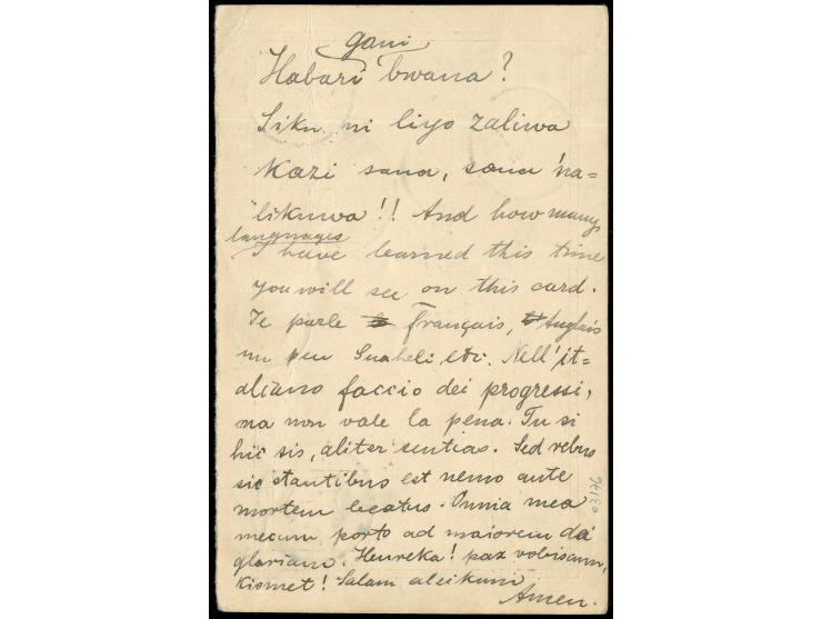 1900, Antwortteil Kaiseryacht 5 Pes., von “DARMSTADT 24.5.05” nach Bagamoyo, mit Durchgangsstempel von “DAR-ES-SALAM 16 6 05”