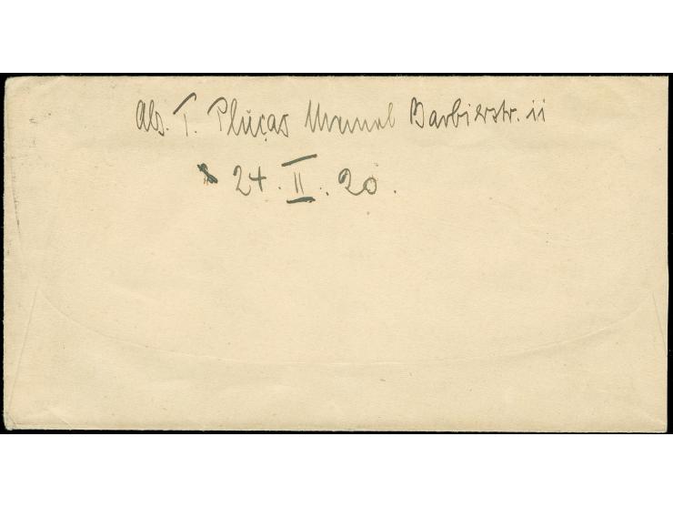 1920, Germania Kriegsdruck 20 Pfg ultramarin, mit Stempel “MEMEL ** c 17.2.20” als portogerechte Einzelfrankatur auf Fernbrie